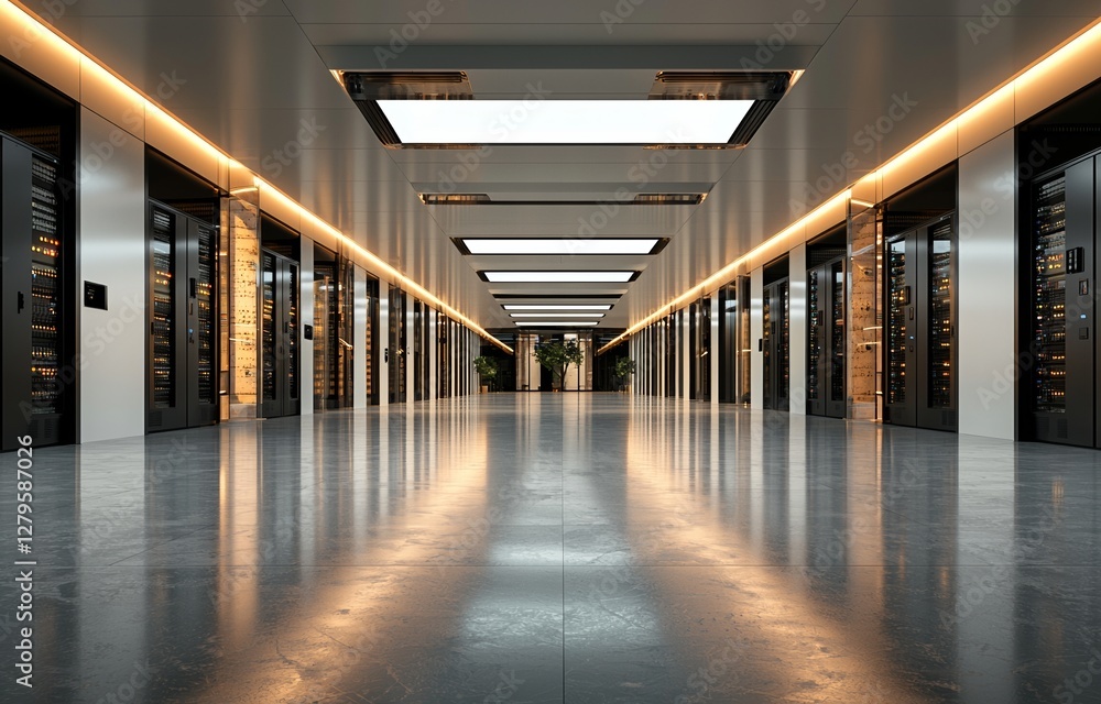 Poster a 3d rendering of a central room filled with white servers, computers, and storage systems