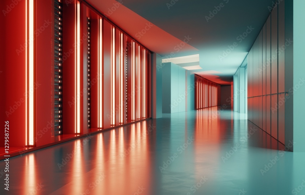 Poster an illustration of a data center and server room, showcasing rows of supercomputers and server racks