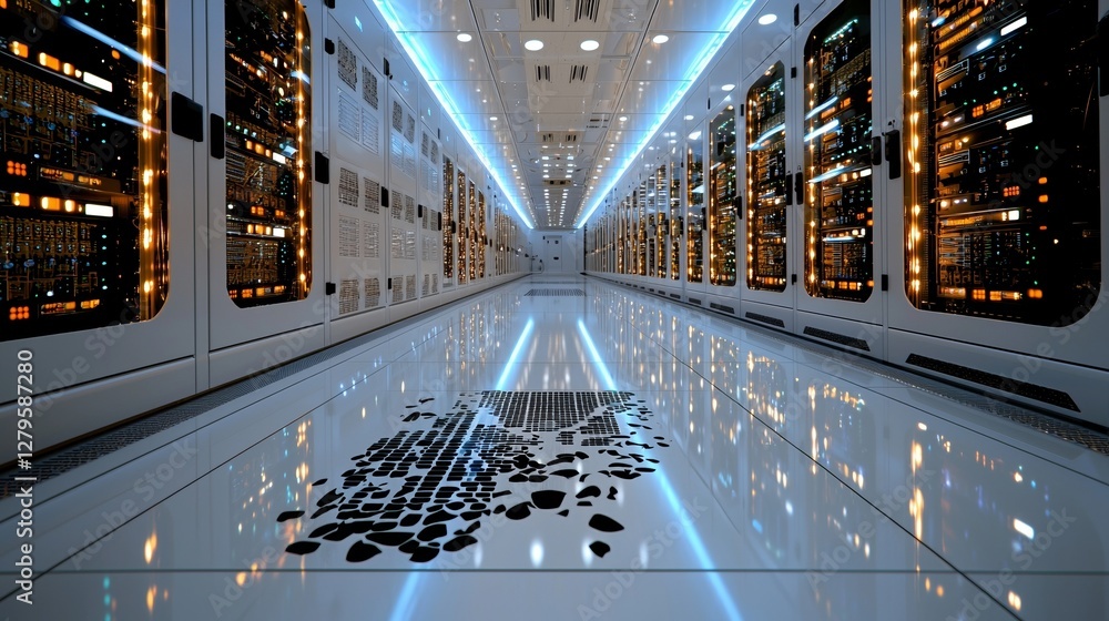 Poster a state-of-the-art data center filled with computers and illuminated by bright lights