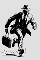 sketch of a masked thief in a suit and hat running with a briefcase
