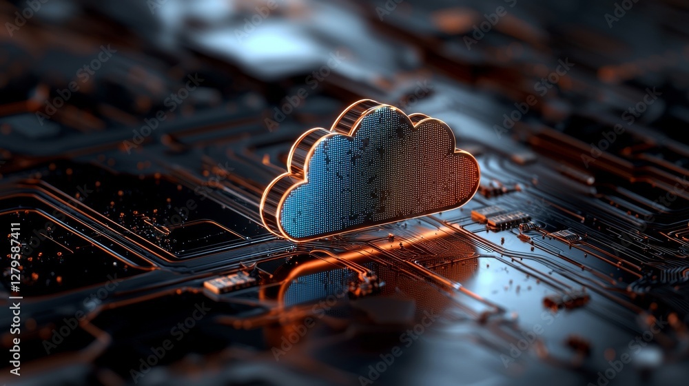 Poster cloud computing is depicted as a white polygonal structure with interconnected elements, situated on