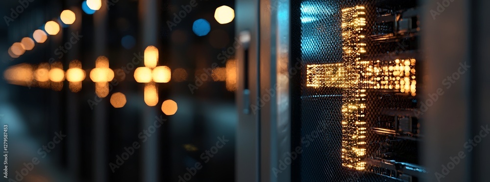 Poster a closeup view of a high-performance server in operation, representing cloud computing