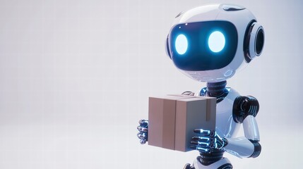 Delivery Robot: A sleek, futuristic robot, equipped with expressive blue eyes and a poised stance, carries a parcel.