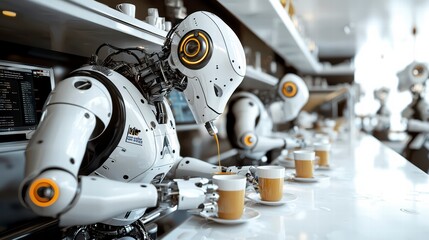 Fototapeta premium Robotic Baristas: Futuristic vision of robotic baristas meticulously preparing beverages in a modern cafe setting, symbolizing automation, technology, and innovation.