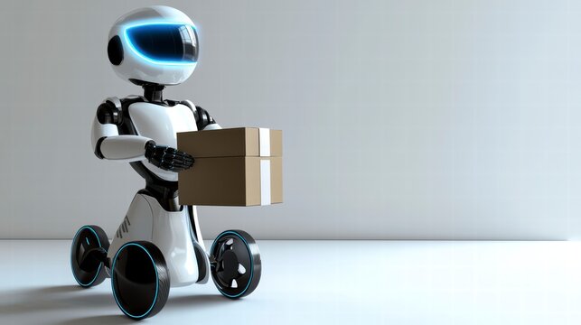 Robotic Delivery: Futuristic robot with a modern design carefully carries a package, ready to deliver it with speed and precision, symbolizing the future of logistics and automated services.
