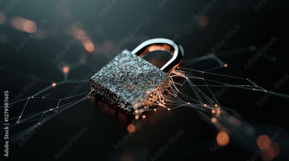 Poster a dark blue background with an outer blur serves as the setting for a large padlock at the center, c
