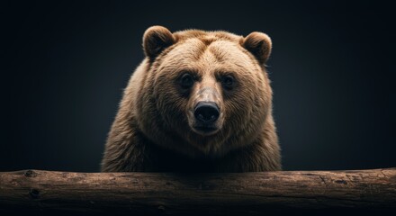 Obraz premium Intense portrait of a majestic brown bear peering over a weathered log
