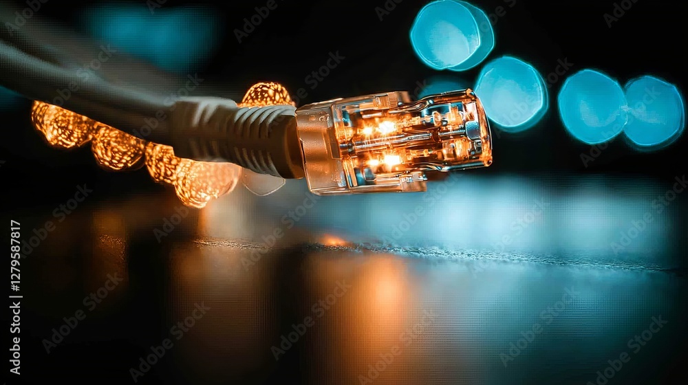 Poster in a company developing a quantum computer, the server room contains internet cables, wires, and a s