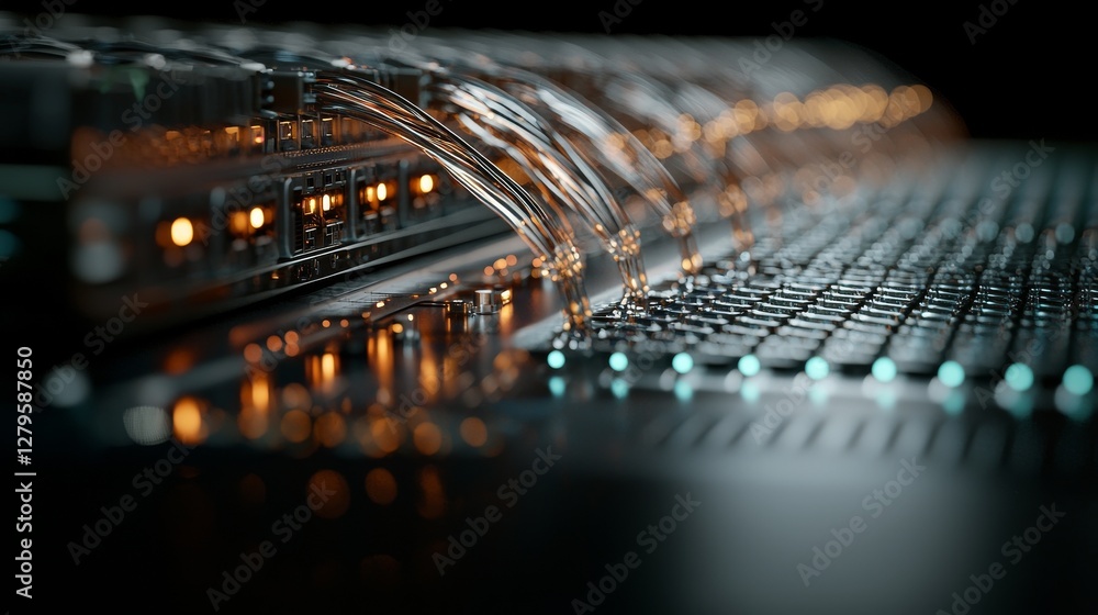Poster a server room in a company that develops quantum computers features a network background with intern
