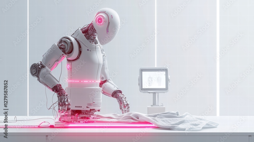 Poster robotic precision: a cutting-edge robot meticulously handles fabric, its advanced technology on disp