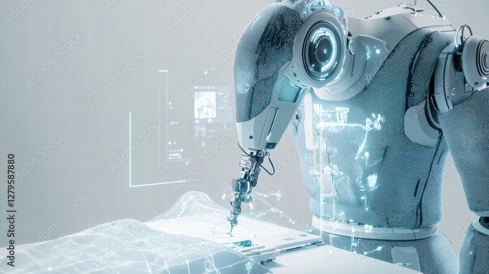 Poster robotic precision: a sleek, state-of-the-art robot arm meticulously performs a delicate task with fu