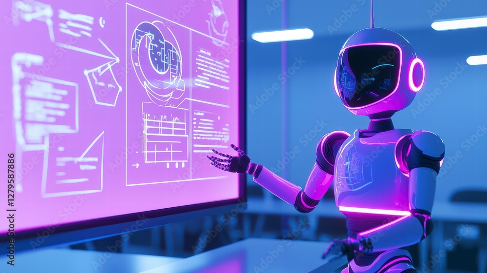 Aufkleber the future of communication: an advanced robot presents futuristic data on a touch screen, illuminat