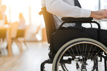 Obraz premium Professional in wheelchair at work, showcasing disability inclusion. Equal opportunity in the office. Modern office space with natural light, collaborative environment
