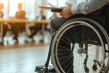 Obraz premium Business presentation with a man in a wheelchair reviewing documents. Inclusion and diversity in the workplace with equal opportunity and accessibility.