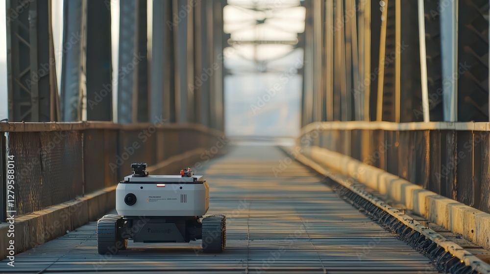 Poster autonomous delivery robot on the bridge: a self-driving delivery robot navigates an old iron bridge 