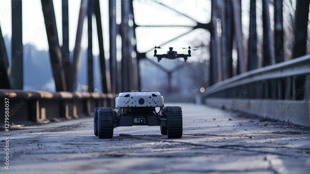 Poster technological bridge: an unmanned vehicle and a drone perform a synchronized operation on a robust m