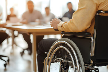 Fototapeta premium Person in wheelchair participates in meeting with colleagues. Inclusion and accessibility are key. Promoting diversity and equal opportunity.