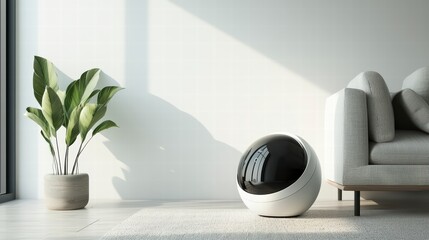 Modern Interior Design with plant and sofa: Minimalist interior scene, featuring a contemporary plant and a sleek sofa, under natural lighting casting gentle shadows.