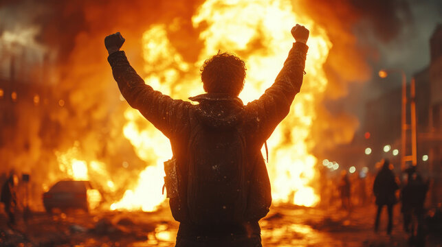 a dramatic scene of rioting or rebellion. In the center stands a man in dark clothing with his fists raised in triumph, determination, or protest. 