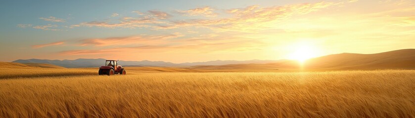 Obraz premium Golden Wheat Field with Tractor at Sunrise under a Colorful Sky in Rural Landscape
