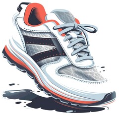 A sleek sports shoe with a modern design, featuring a white base and vibrant red accents, perfect for active individuals.