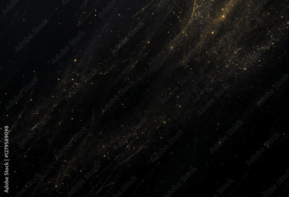 Poster abstract dark background with glowing golden particles creating a mystical and ethereal effect.