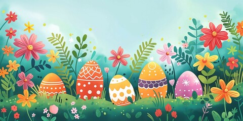 Whimsical illustration of colorful Easter eggs nestled among vibrant flowers and greenery.