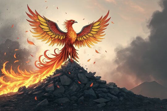 Majestic phoenix rising from ashes with fiery wings, symbolizing rebirth, resilience, and transformation. A powerful representation of renewal and strength in mythology