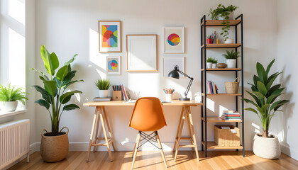 Bright home office design with plants and art supplies, creative workspace