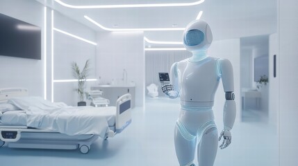 Modern Medical Assistant: A futuristic, sleek robot navigating a state-of-the-art medical facility, offering a glimpse into the future of healthcare technology.