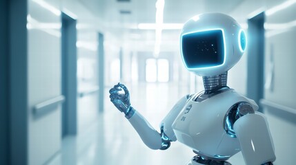 Robotic Healthcare Assistant: A sleek, futuristic robot with glowing blue accents stands confidently in a modern hospital corridor.