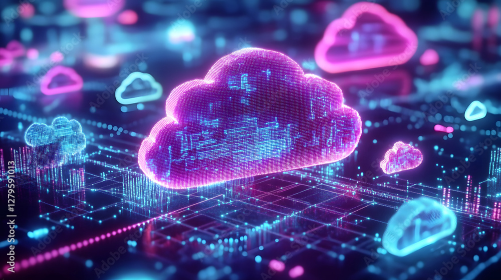 Poster futuristic network of cloud computing and blockchain technology - a vibrant 3d polygonal illustratio