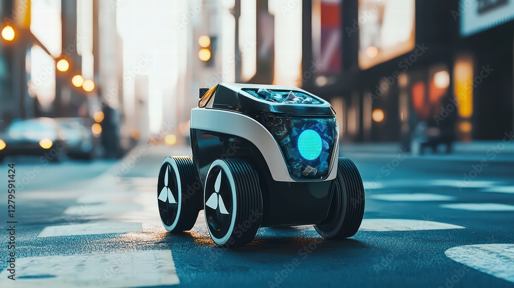 Poster autonomous delivery robot navigating city streets: an autonomous delivery robot navigates a bustling