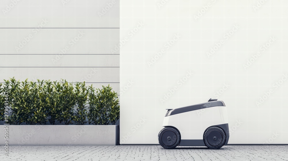 Poster autonomous delivery robot: a modern and futuristic autonomous delivery robot stands still outside a 
