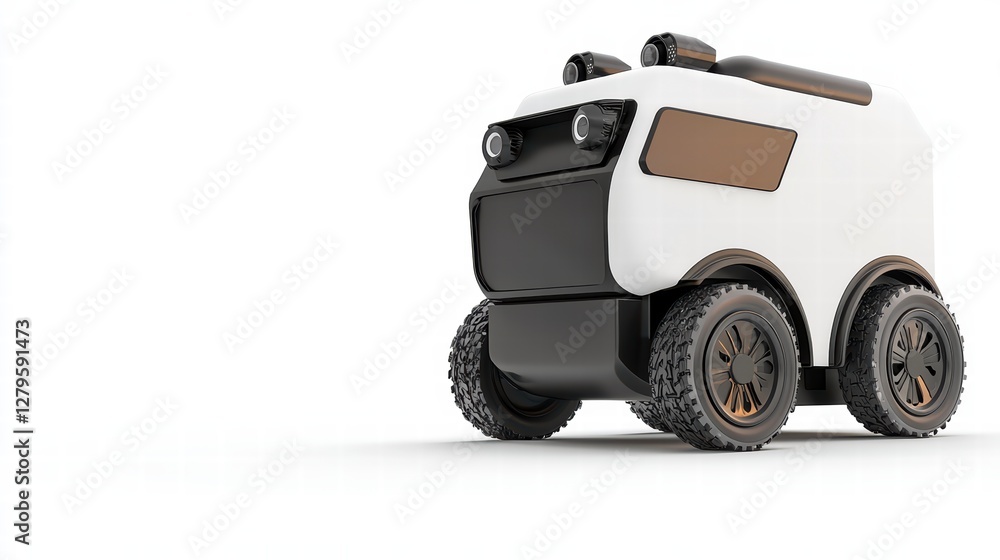 Poster autonomous delivery robot: futuristic autonomous robot with a boxy design and large wheels, ready to