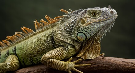 Obraz premium Detailed Portrait of a Green Iguana Resting on a Branch in Natural Light