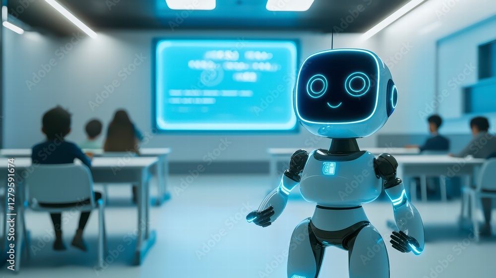 Poster future learning: an advanced ai robot teacher stands in a modern classroom setting, interacting with