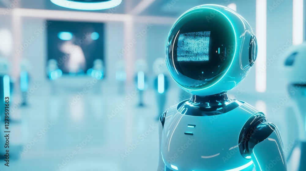Poster futuristic gathering of robots: a mesmerizing scene unfolds showcasing a congregation of sleek robot