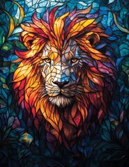 Vibrant Stained Glass Lion Portrait