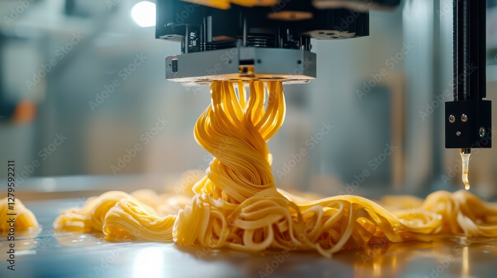 Poster pasta perfection: a close-up view of an automated machine precisely crafting and extruding perfect s