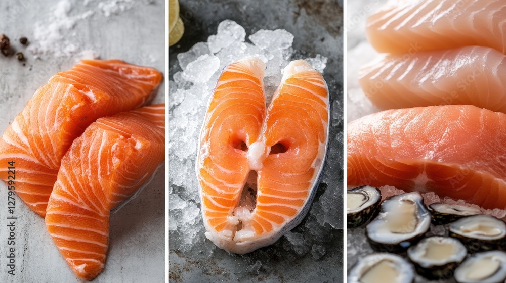 Aufkleber fresh salmon fillets and slices displayed on ice with oysters in a culinary setting