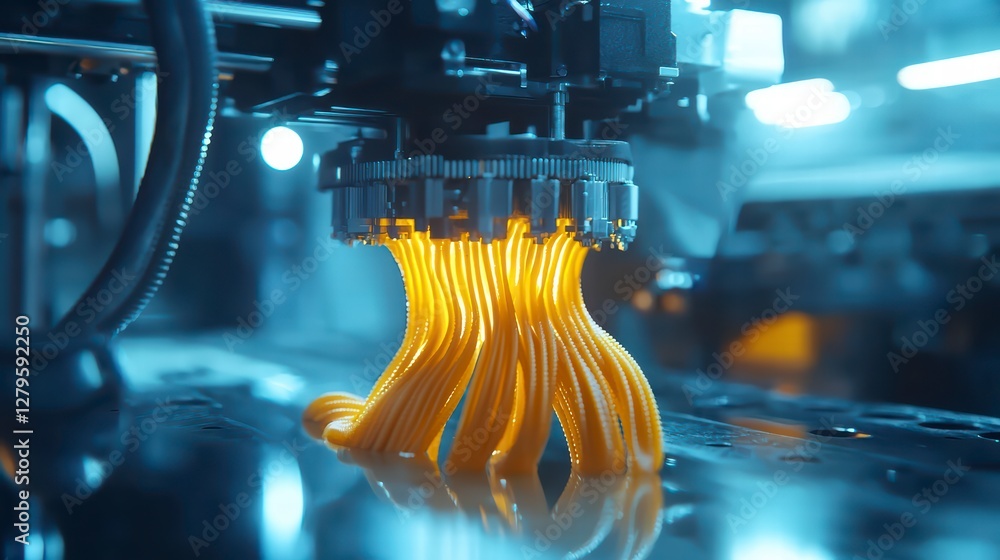 Poster future of manufacturing: a detailed shot of a 3d printer at work, showcasing the process of creating