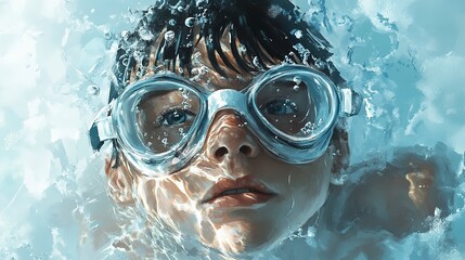 Naklejka premium Delvin wearing swimming goggles while exploring underwater at the local pool on a sunny afternoon