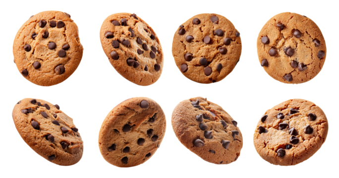 Freshly Baked Chocolate Chip Cookies on a White Background, isolated on transparent background