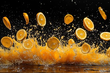 Vibrant splash of orange juice with flying orange slices creating a lively interaction in mid-air