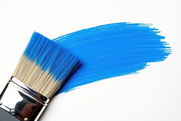 A Close-Up of a Paintbrush with Vivid Blue Paint Streaked Across a White Canvas, Showcasing Artistic Expression and Creativity