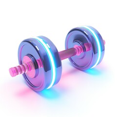 A futuristic digital dumbbell with neon blue and pink accents glowing against a white background.