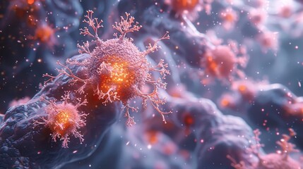Microscopic view of cancerous cells with glowing centers.  Complex network of cells with vibrant colors and details.  Abstract cellular structure.  Medical research.  Science.