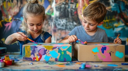 Two children engaged in creative painting activity using colorful paints at an art studio