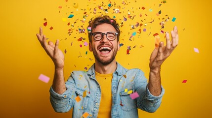 Joyful celebration with colorful confetti falling around a man in a yellow background